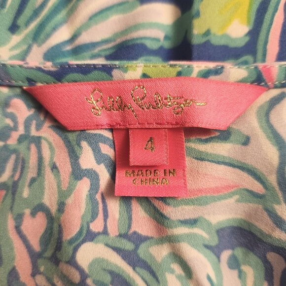 Lilly Pulitzer Blue Pink Cristiana Wrap Style Mini Dress Size 4 Full Bloom - Picture 9 of 10